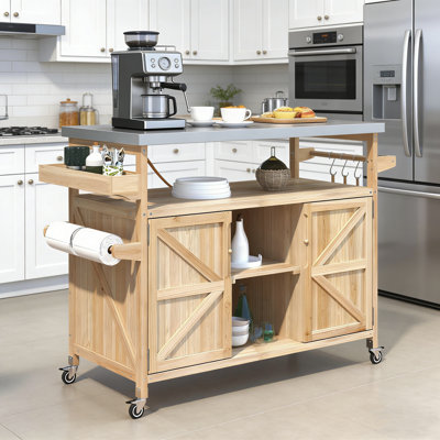 Rolling Outdoor Kitchen Island with Stainless Steel Top, Ample Storage, and Modular Design for Patio Grilling and Entertaining.