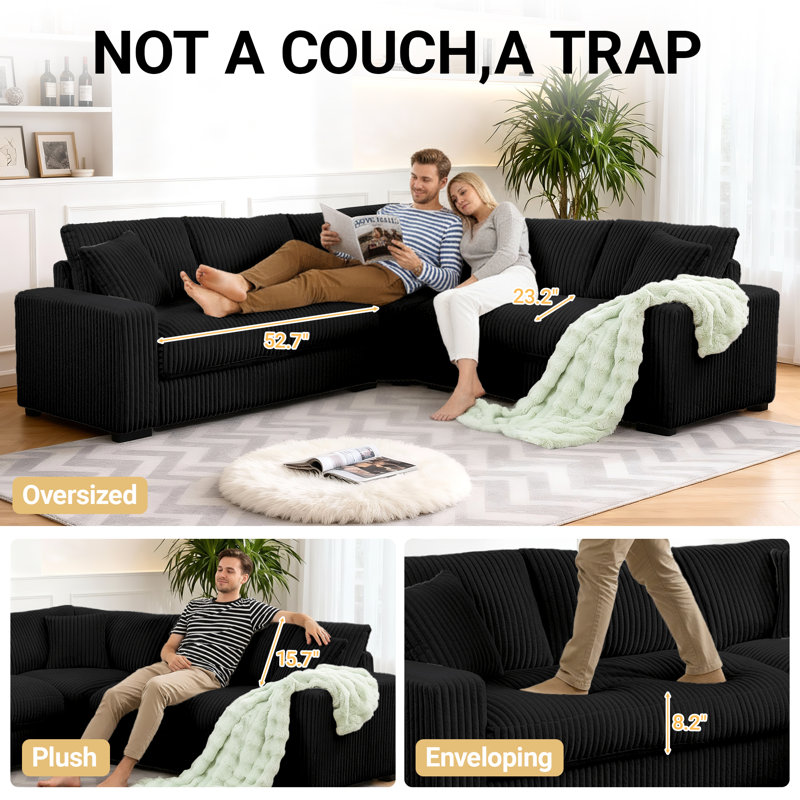 98.7" Corduroy Sectional Corner Sofa 6 Seater Deep Seat Cloud Couch With Upholstered Movable Ottoman, Black Corduroy