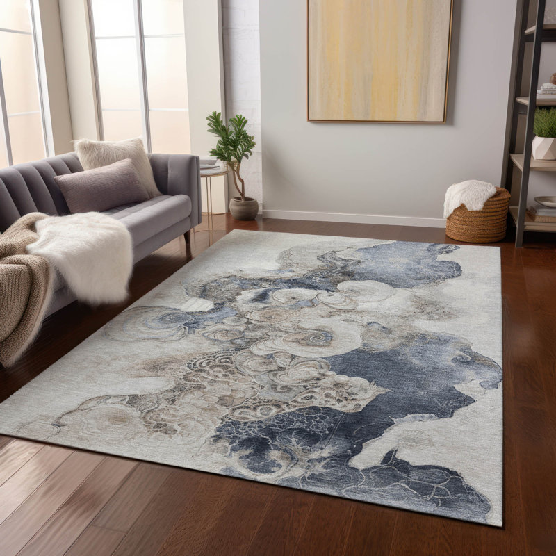 Machine Washable Indoor/Outdoor Xhevrie Ivory Rug, Rectangle 9' x 12'