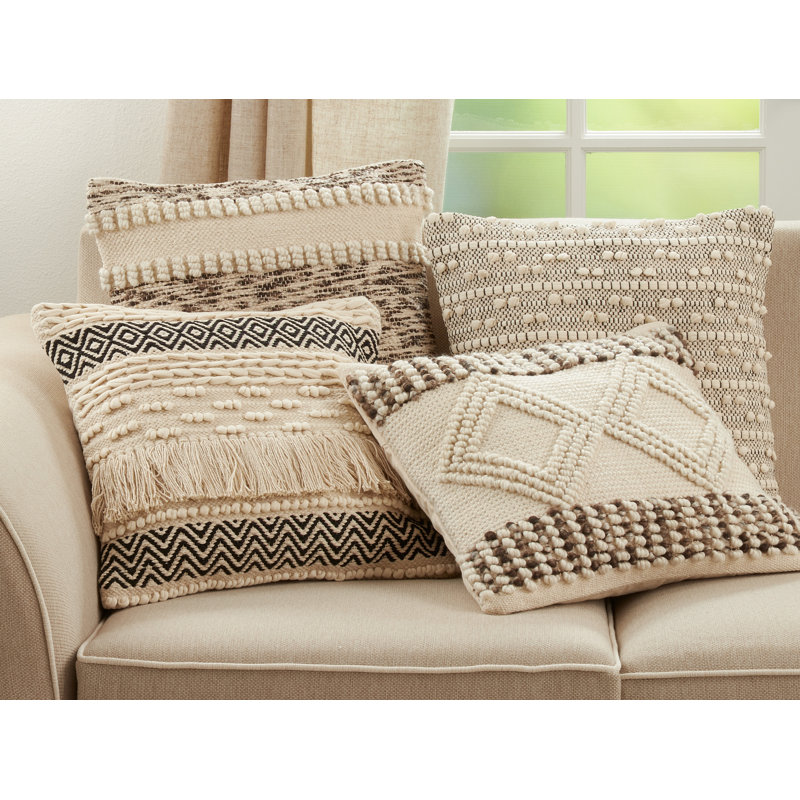 Ivory and Brown Woven Diamond Textured Square Throw Pillow