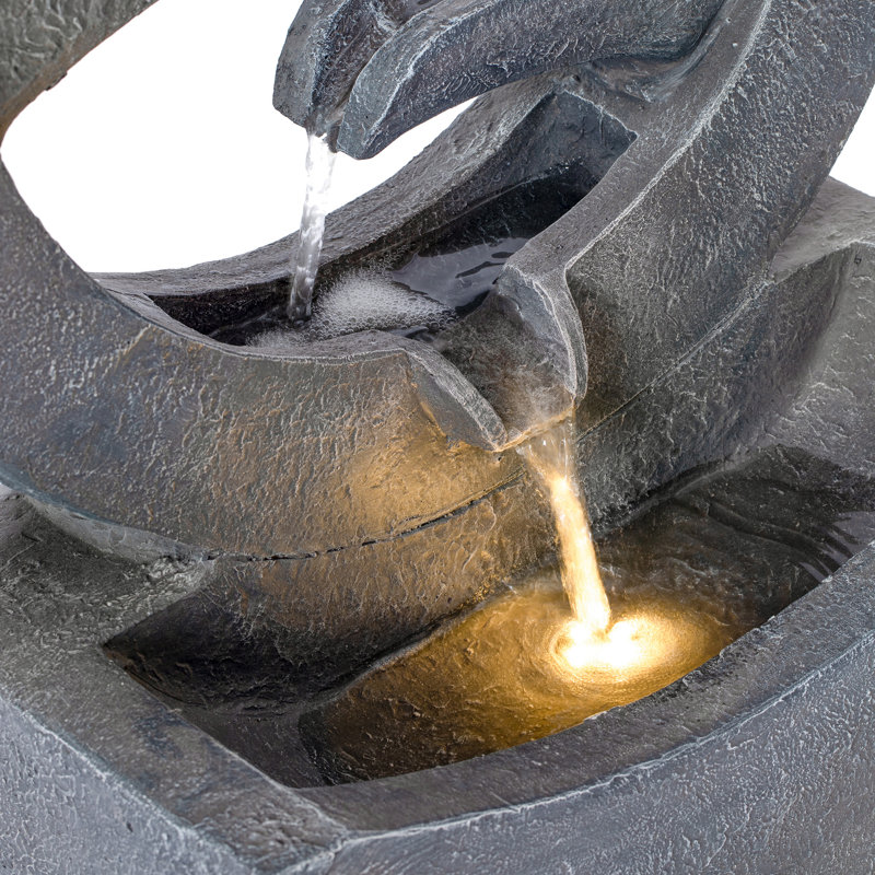 26.77"H Gray Circular Polyresin Outdoor Water Fountain with LED Light
