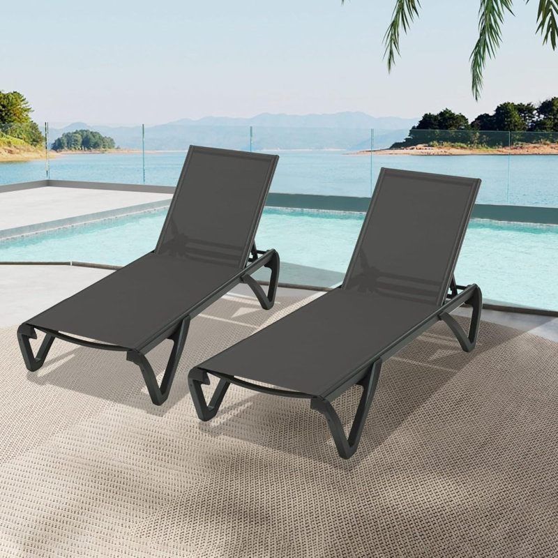 Pool Lounge Chairs Set Of 2, Aluminum Adjustable Outdoor Chaise Lounge With Wheels, All Weather Poolside Chairs For Deck Lawn Patio Backyard, PVC-coated polyester  Dark Gray