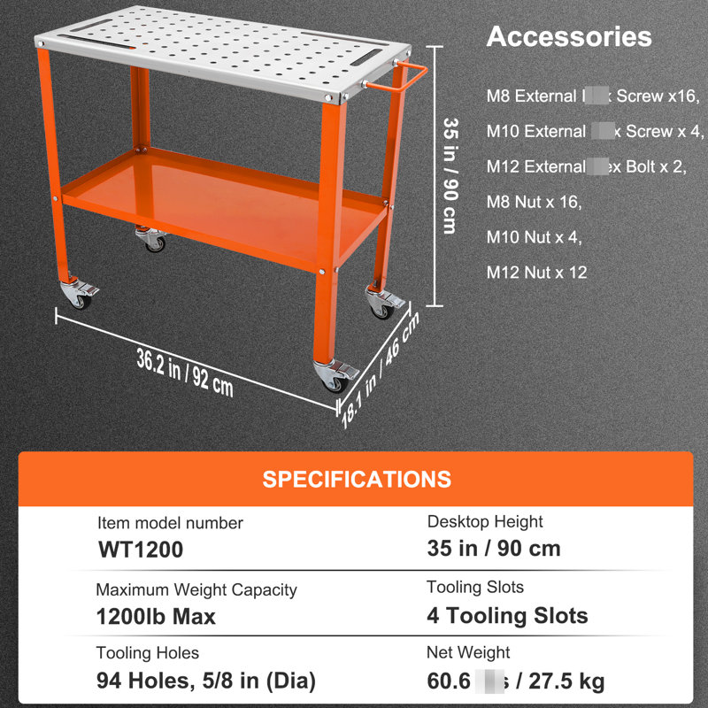 Table de soudage portative, bureau de 36 po x 18 po, charge de 1200 lb, acier au carbone orange + argent, roues de frein, 4 fentes à outils et trous de 5/8 po pour les projets de soudeurs