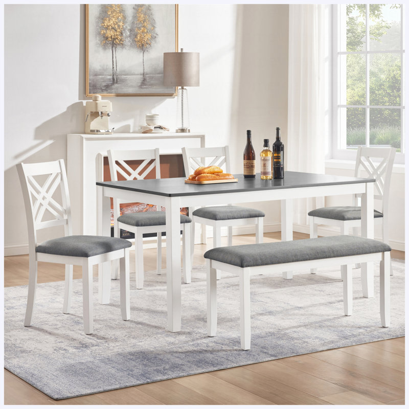 Ensemble de salle à manger 6 pièces bicolore gris et blanc, table rectangulaire en bois avec 4 chaises et banc rembourrés, 6 places assises