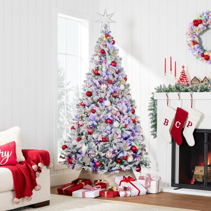 Sapin de Noël artificiel pré-éclairé avec flocons de neige, lumières DEL 2 en 1 blanches et multicolores, aspect neige, 4.5'
