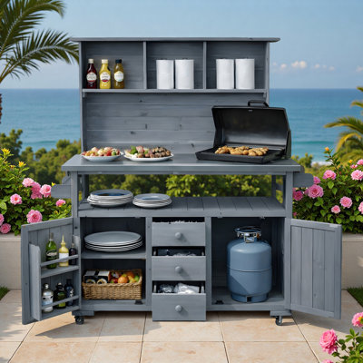Large Garden Storage Potting Bench With Lockable Wheels, Stainless Steel Top, Drawers, Door Shelves And Hutch