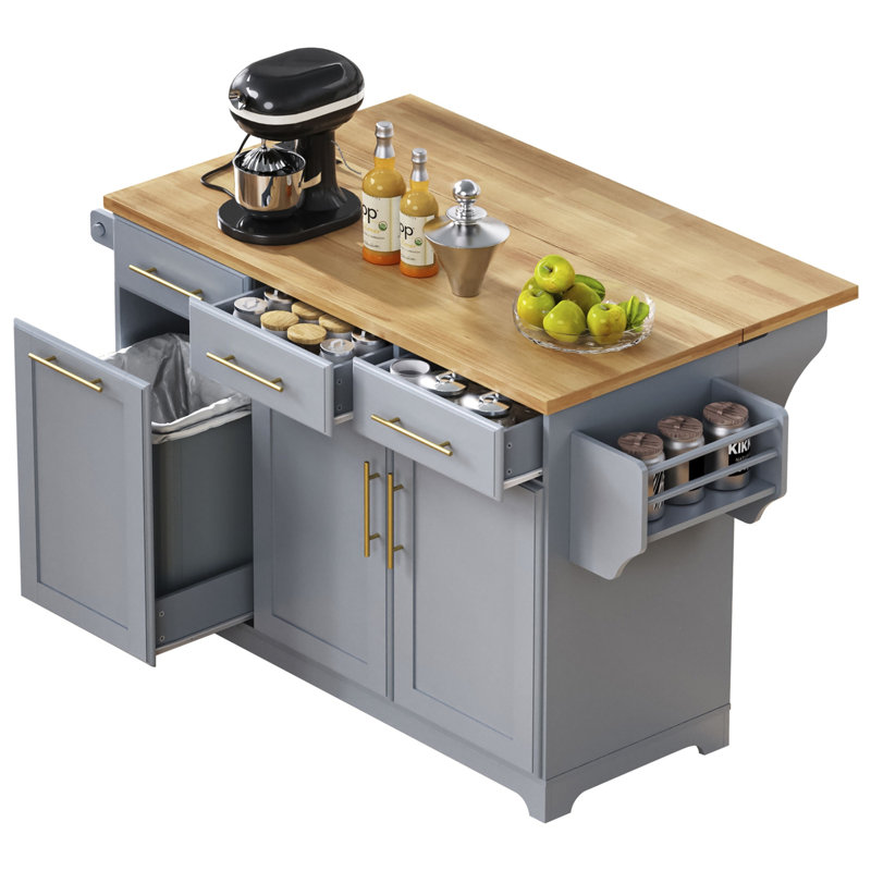 59.3" Kitchen Island with 2 Pull Out Cabinet Organizers & Rubber Wood Drop Leaf, Rolling Kitchen Island with Trash Can Storage, Power Outlet, Spice & Towel Rack for Kitchen, Dining
