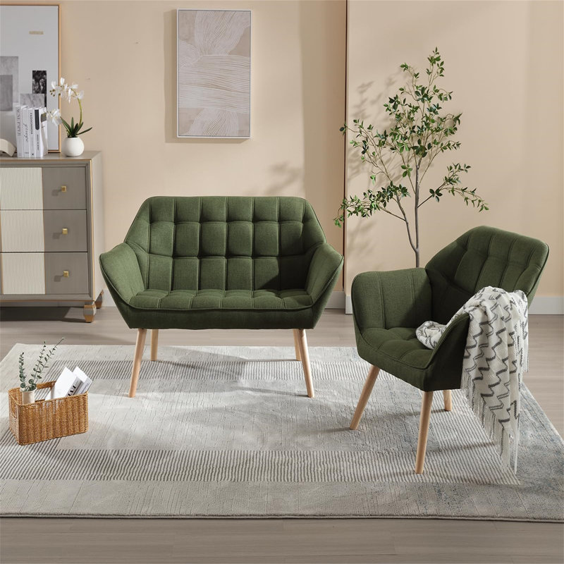 Linen Armchair Upholstered Accent Tub Chair With Wood Legs, Leisure Single Sofa Chair For Living Room/Bedroom, Green