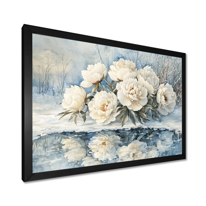 Pivoines blanches par l'étang gelé II - pivoines, art mural, Reproduction encadrée d'une seule photo, Noir, noir, noir, noir