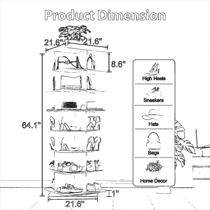 Étagère à chaussures rotative à 7 niveaux, range-chaussures pivotant à 360 degrés avec matériau en PVC, étagère à chaussures pivotante peu encombrante pour vestibule, garde-robe et chambre à coucher