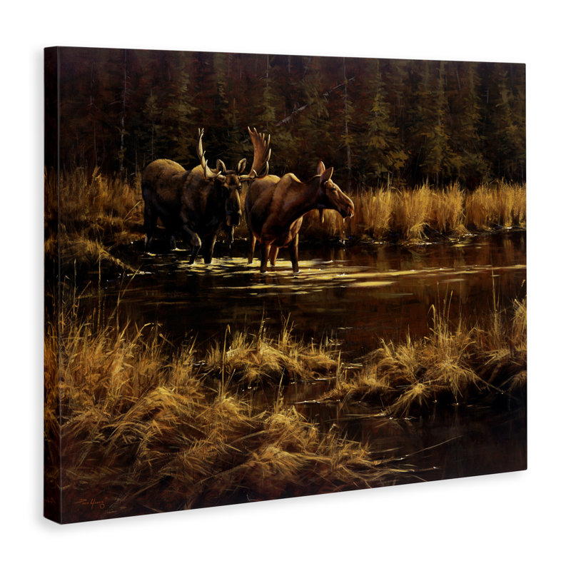 Paire d'orignaux sur toile, conception par Paco Young, H 16 po x l 20 po