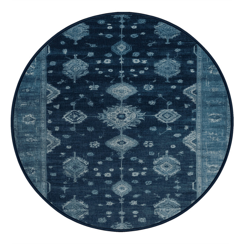 Tapis bleu lavé à la machine, Rond 8 pi