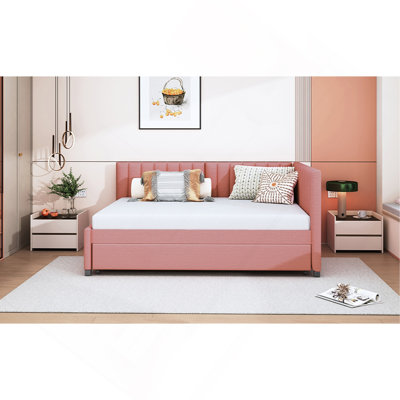 Full Size Upholstered Daybed With Trundle Sofa Bed Frame No Box Spring Needed, Linen Fabric(Pink)