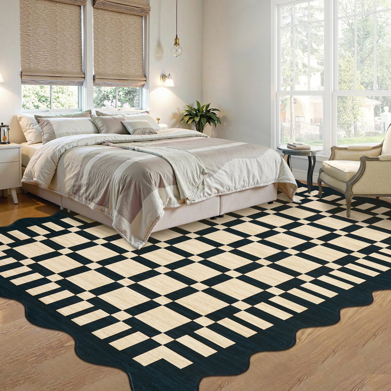 Tapis festonné damier lavable à la machine pour le salon, la chambre à coucher et la salle à manger, Brown, Rectangle 5' x 7'