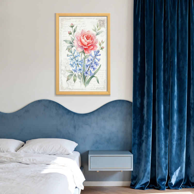 Bouquet de plantes et de fleurs avec rose rose et fleurs bleues, H 24 po x l 16 po, Toile tendue, Ne s’applique pas