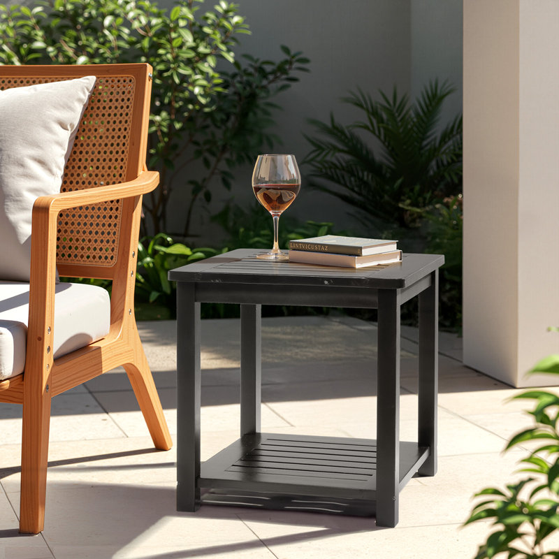 Black Solid Wood 2-Tier Square Patio Side Table, Black