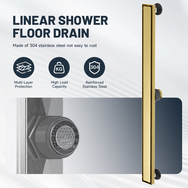 36 In. Shower Drain With 2-In-1 Tile Insert Panel With Square Pattern Drain Cover, Brushed Gold