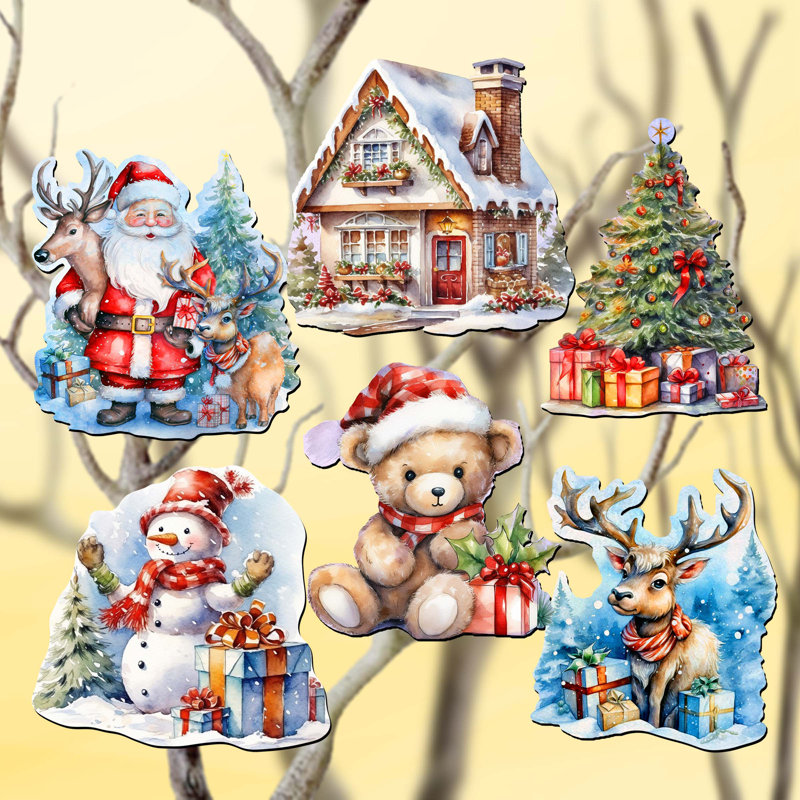 Ensemble de 6 ornements décoratifs à pince en bois Christmas Is Here par G. Debrekht