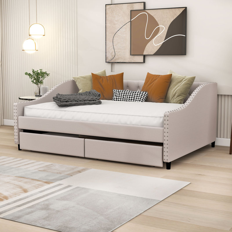 Full Size Upholstered Daybed with Two Drawers, Beige