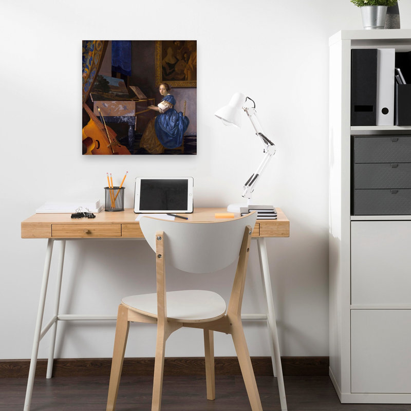 A Young Woman Seated At A Virginal Classic Contemporary Portrait Wall Art Print by Johannes Vermeer - Wrapped Canvas Print