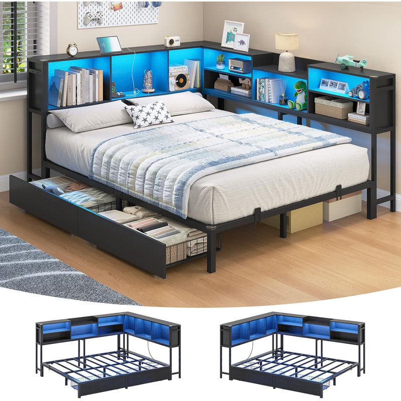 Daybed With 2 Underneath Storage Drawers And Charging Station, L-shape Corner Bed Frame With Storage Bookcase And Led Lights For Living Room, Bedroom & Guest Room