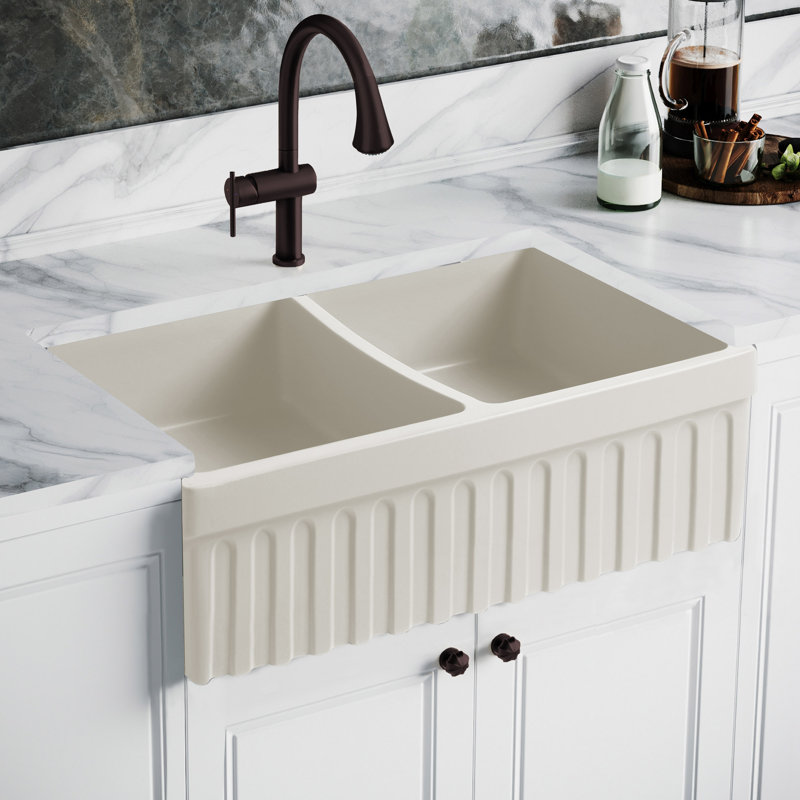Whitehaus 33” Reversible Double Bowl Fireclay Kitchen Sink: 2-1/2" Lip and Fluted, 2" Lip Front Apron, Glossy Biscuit