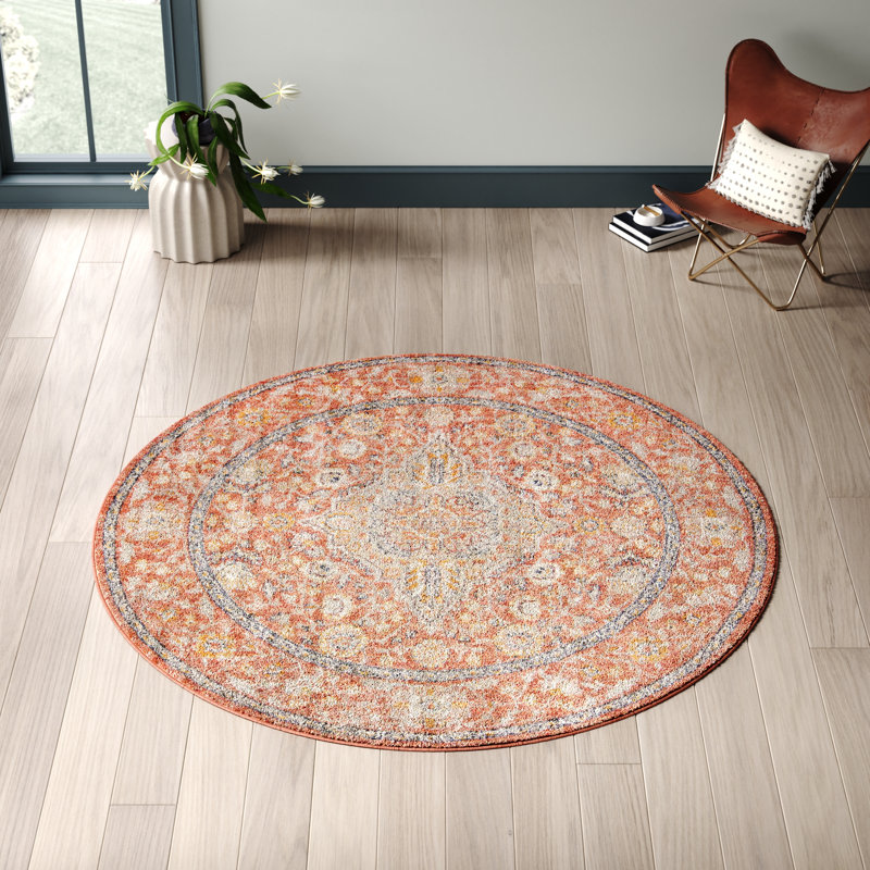 Tapis oriental jaune Alkire, Rond 5 pi 2 po, Brick Red