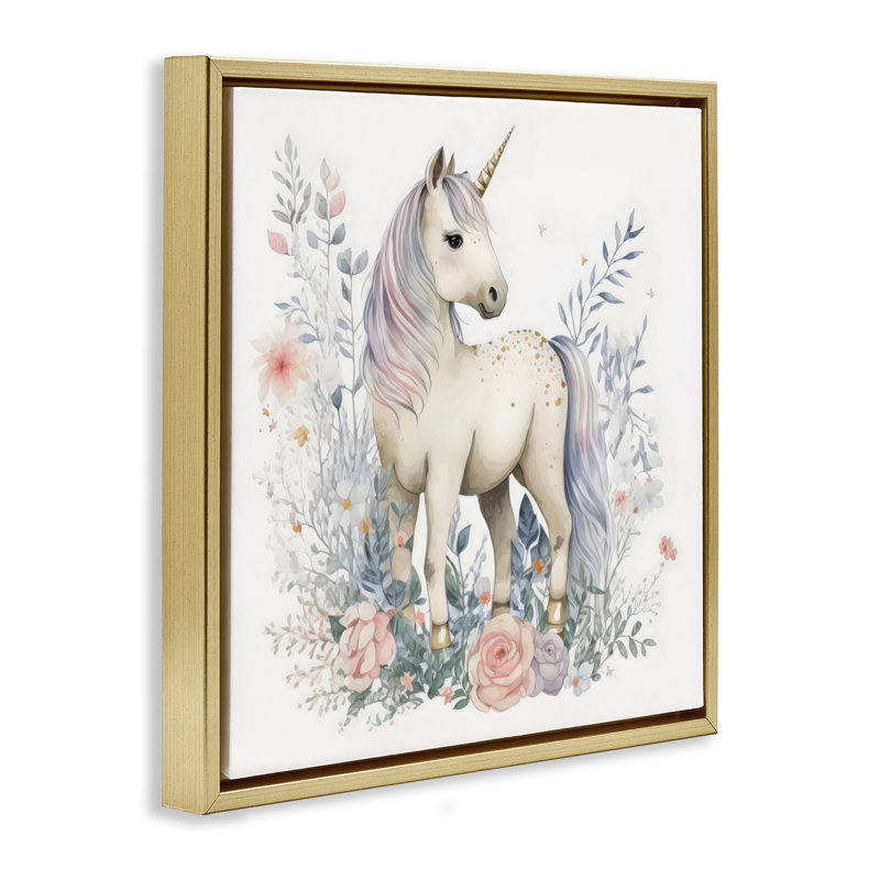 Licorne dans un cadre flottant délicat à motif floral, design Creative Studio, Cadre flottant métallique doré