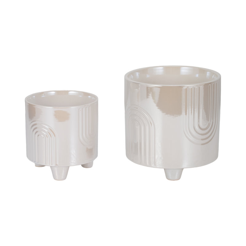 Ensemble de 2 pots en ivoire et brun clair à motif d'arc surélevé en céramique pour jardin