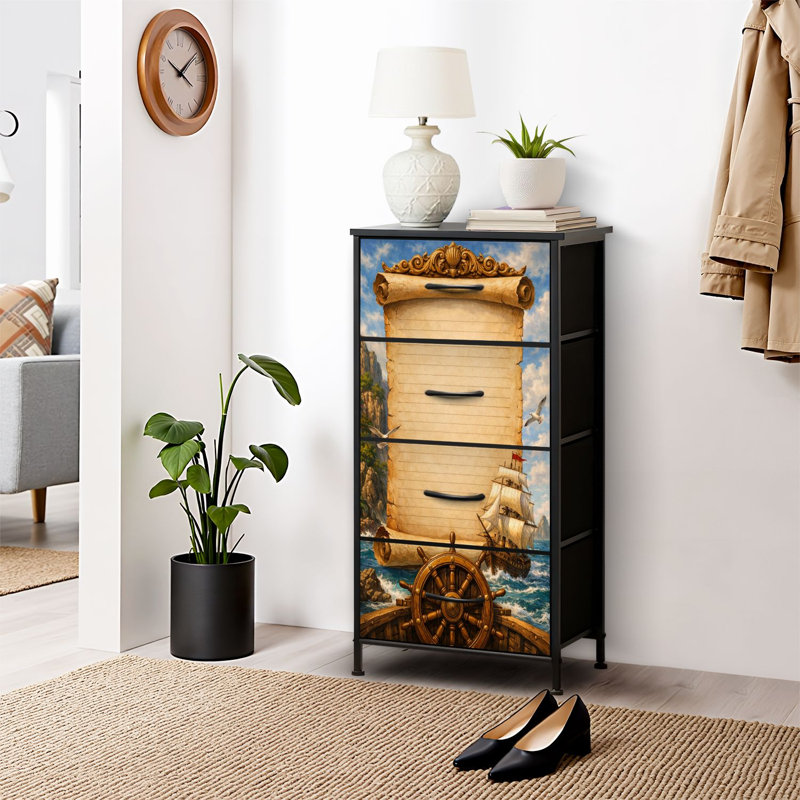 Commode 4 tiroirs pour chambre à coucher, commode étroite, plateau en bois et structure en fer 18 po x 37,5 po (lxH)