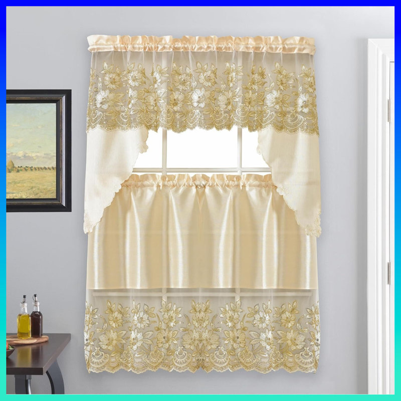 Luxury Semi-Sheer 3-Piece Linen Curtain Set With Delicate Sequin Embroidery – Elegant Valance & Tiers For Kitchen, Living Room, Or Bathroom – Romantic & Stylish Window Dressing Loved By Families，Beige