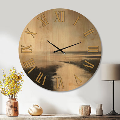 Silent Shoreline Drift I - Cream Minimalist Large Wall Clock, Printed on Wood