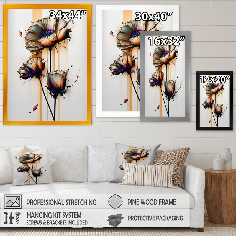Fleur de marguerite orange sur fond abstrait I - Peinture sur toile, H 32 po x l 24 po x P 1 po