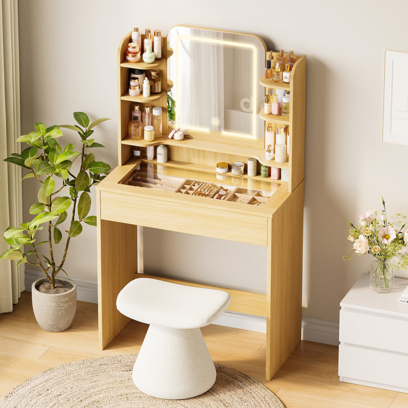 Petite table de coiffeuse avec plateau en verre trempé, miroir à 3 couleurs DEL et tiroir intelligent RVB, application et télécommande, mode pulsation musicale de plus de 6 000 couleurs