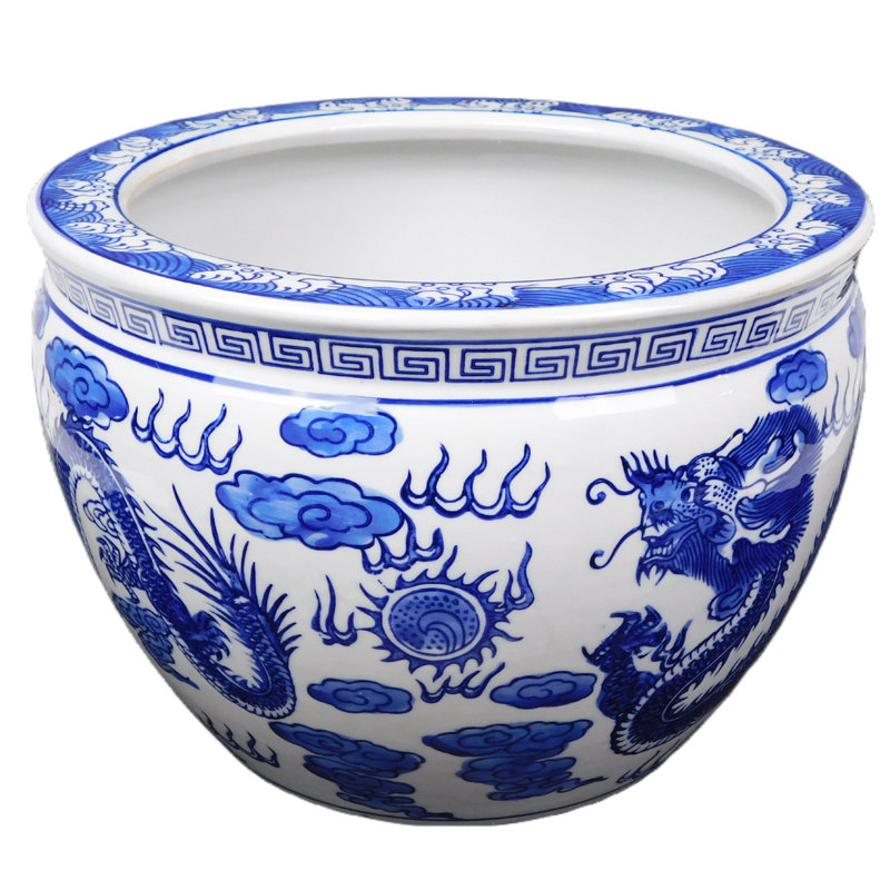 Blue and White Porcelain Fishbowl with Dragon Design, 14" H x 18" W x 18" D