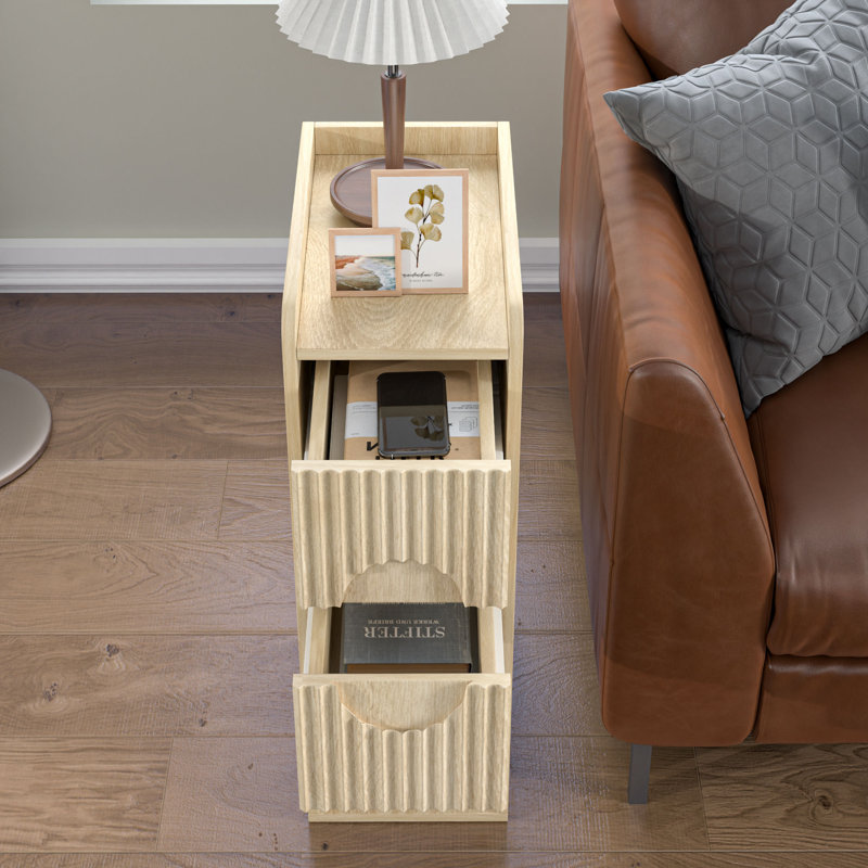 Fluted End Table Set With Drawers(set Of 2), Farmhouse Side Table With Storage, Wood
