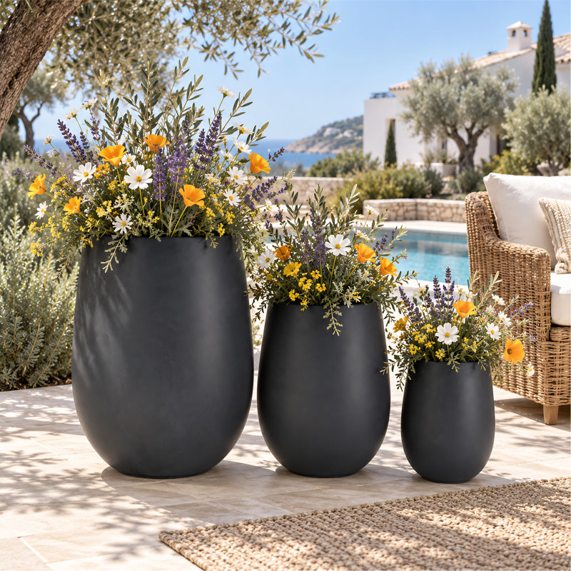 Jardinières rondes 3 pièces avec trou de drainage, pots à fleurs légers pour patio et intérieur, Noir