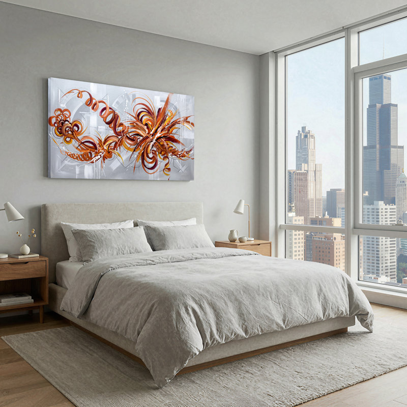 Tableau abstrait à motifs tourbillonnants orange et bourgogne avec des coulures de peinture blanche sur toile, 46“W x 24”H