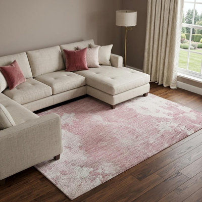 Tapis abstrait lavable 3 m x 4,2 m, bleu blush et ivoire, avec protection UV