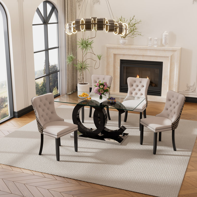 Sinta 4 - Person Pedestal Dining Set, Beige, Black