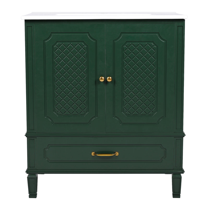 Charmant meuble-lavabo rétro avec rangement supérieur et construction durable, Vert foncé, Doré