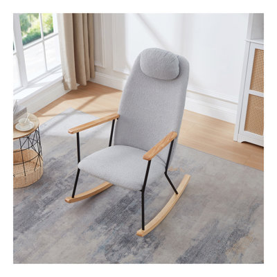 Chaise berçante ajustable avec repose-tête, fauteuil oscillant rembourré en tissu Teddy avec dossier haut, chaises berçantes modernes, chaise d'appoint confortable pour chambre de bébé, chambre à coucher, salon (gris clair)