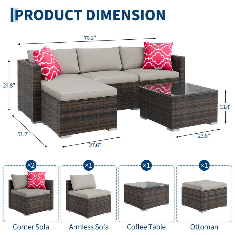 5-Piece L-Shape Wicker Outdoor Sectional with Glass Table, Storage, and Ottoman – Brown and Grey