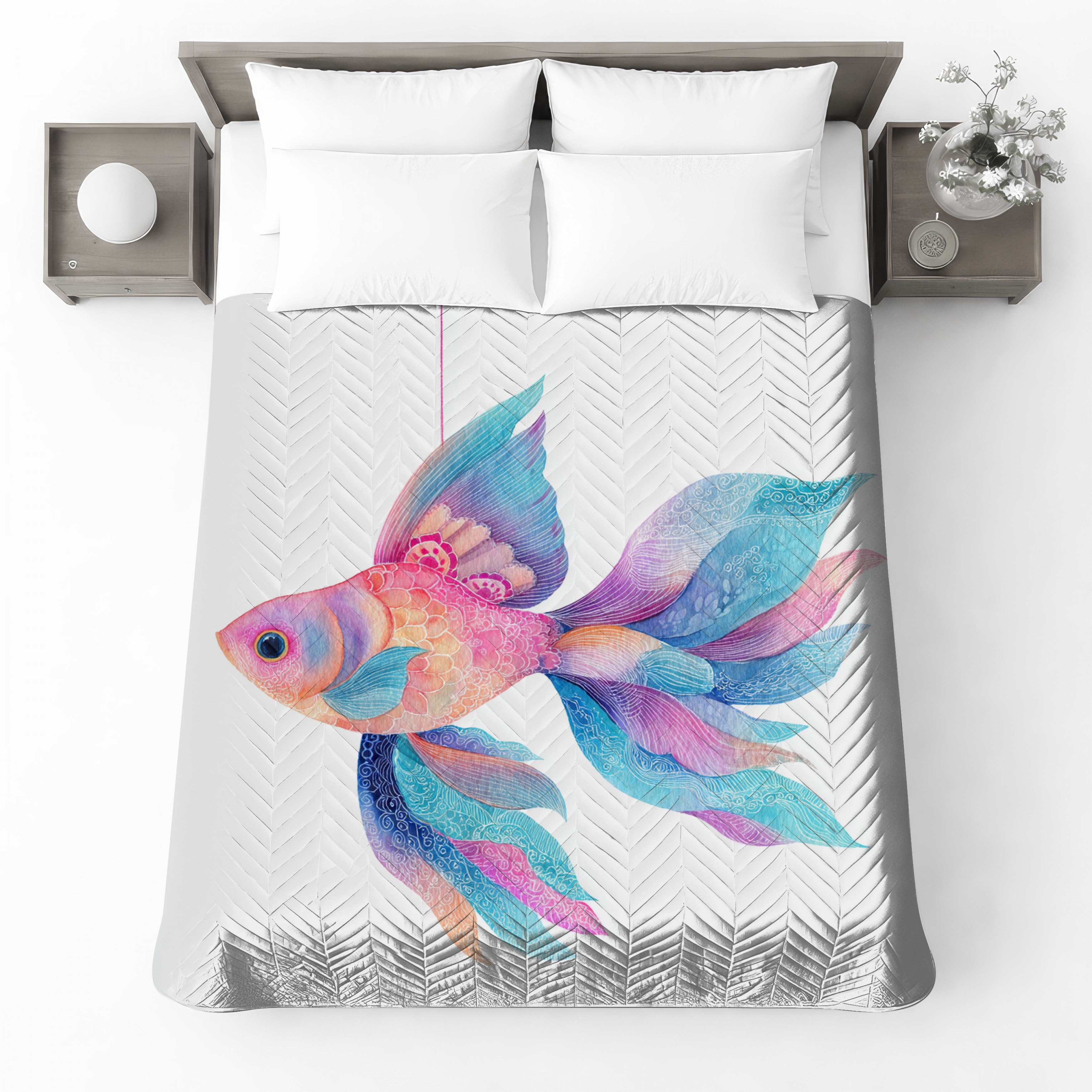 Fish Bedspread VisionDecor Colourful Fish Illustration Bedding Fish Bedspread Animal ...