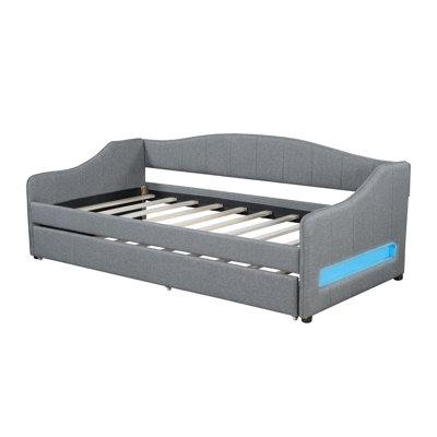 Upholstered Twin XL Size Daybed with LED Belt and Trundle