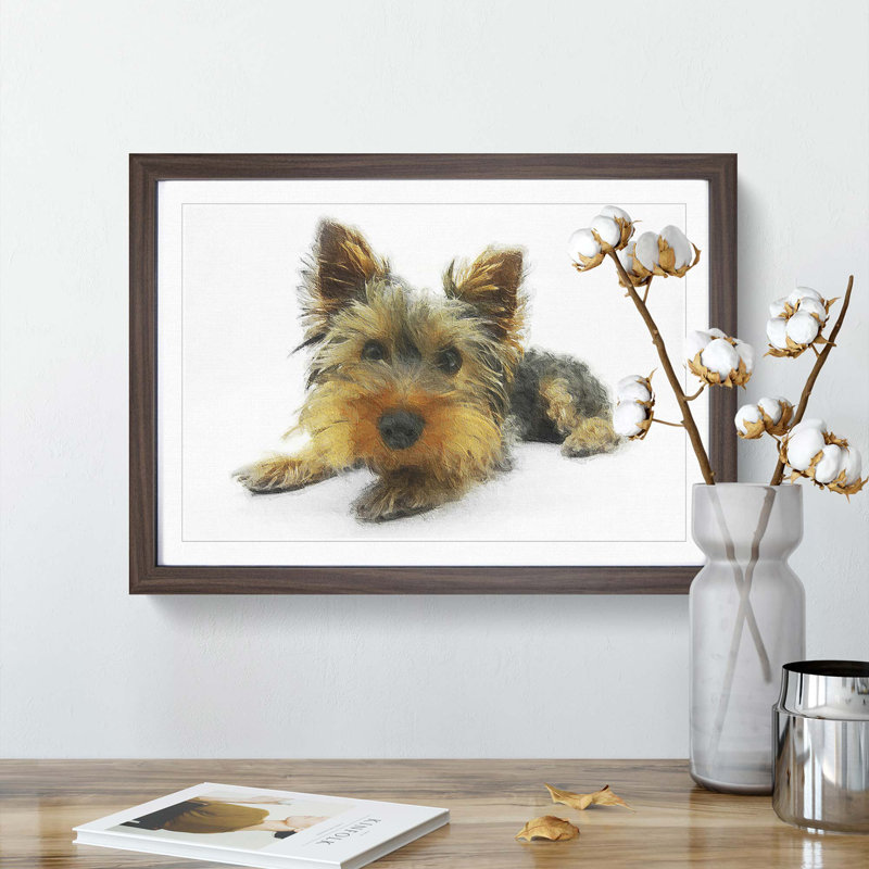 Yorkshire Terrier Dog - Picture Frame Graphic Art Print, 27cm H x 36cm W x 2cm D, Walnut Framed