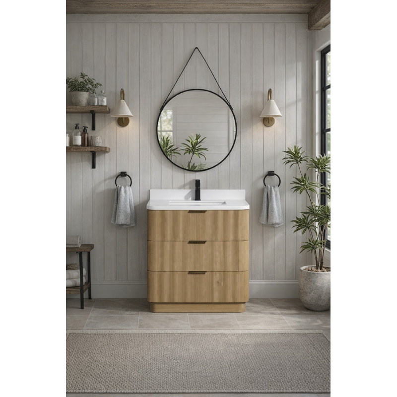 Calamigo 30'' Single Bathroom Vanity With Engineered Quartz Top, Oak