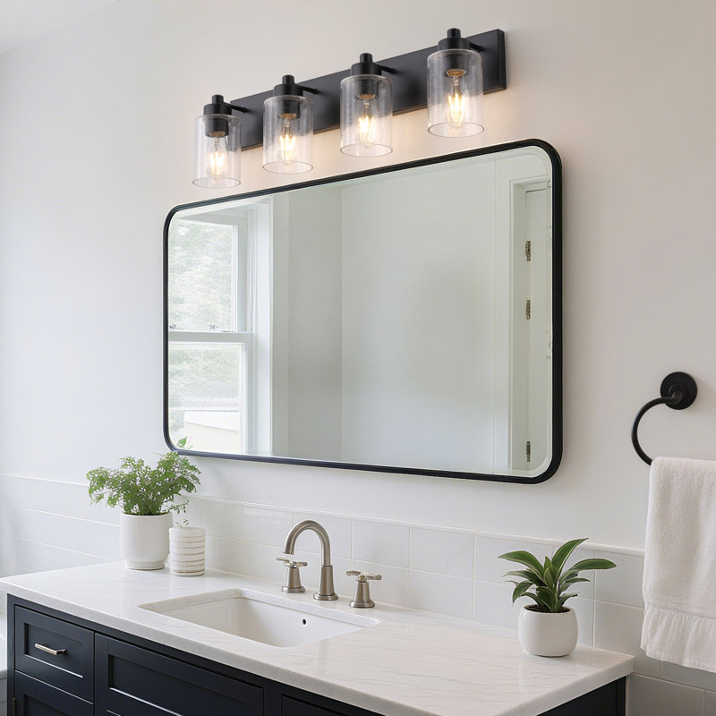 Stover Seeded Glass/Iron Modern Contemporary LED Vanity Light, 4 Lights, Matte Black