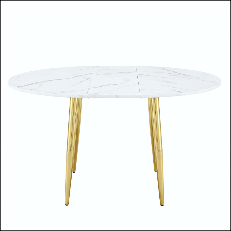 Table de salle à manger extensible ronde avec panneau de fibres à densité moyenne à motif blanc et pieds dorés