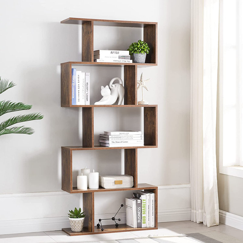 62.6" H Geometric Bookcase 5 Tier S-Shaped Room Divider Bookshelf, Brown